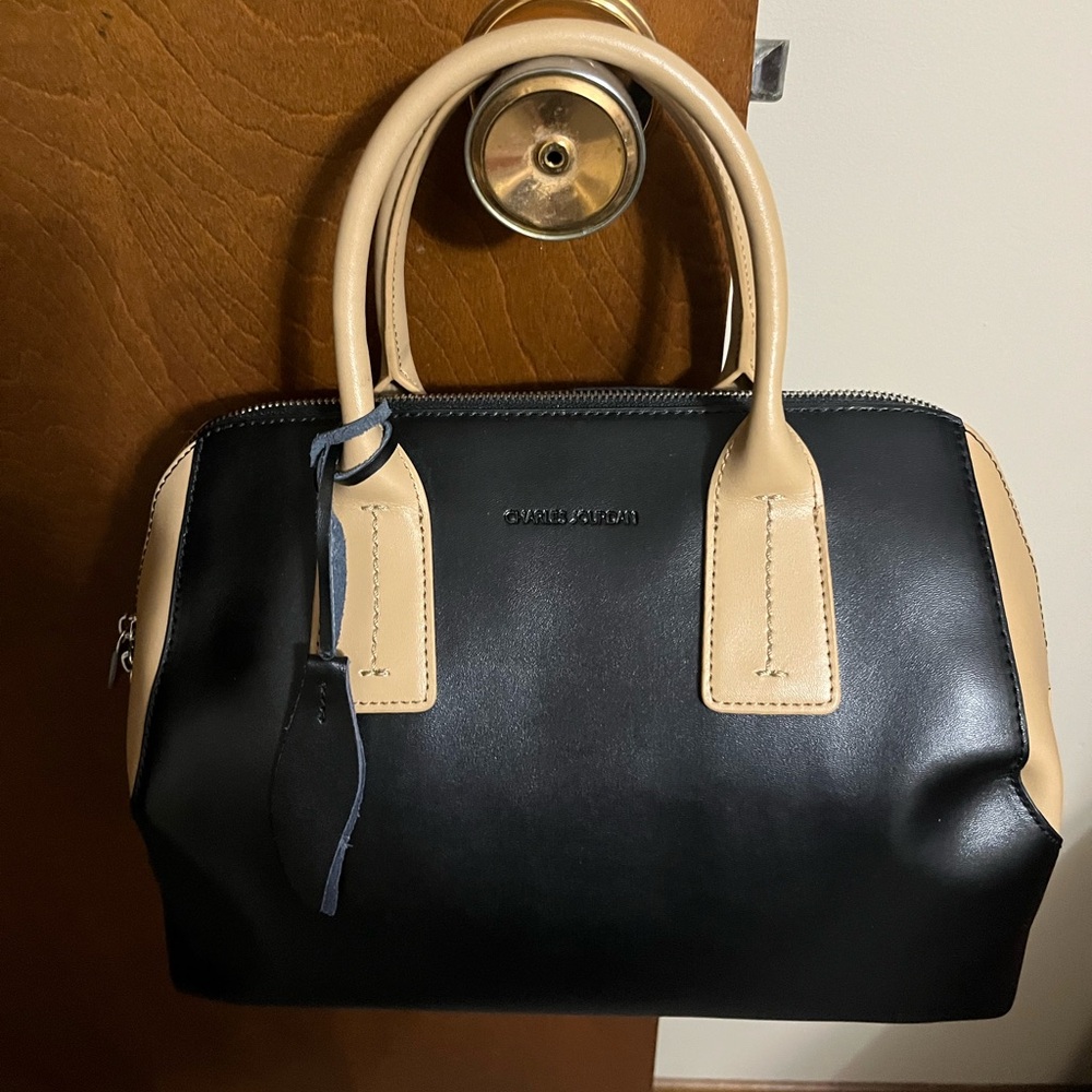 CHARLES JOURDAN PARIS NWT Black and Tan Leather Dome Satchel never carried